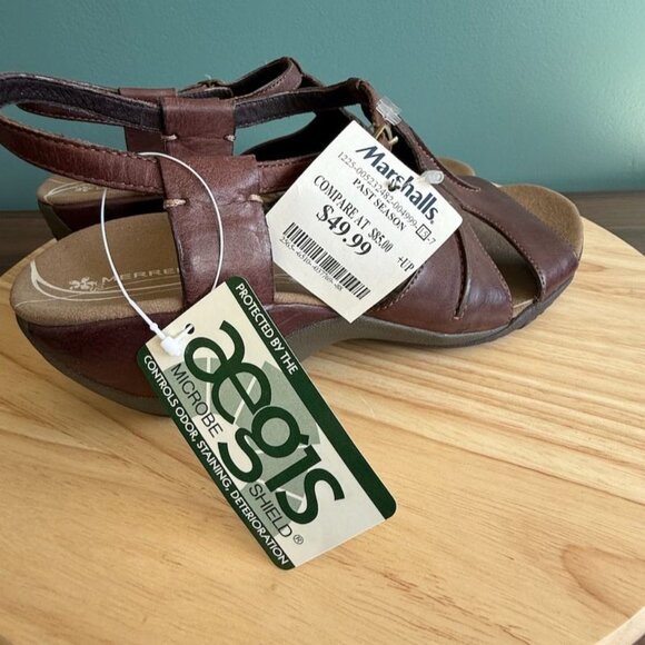 Women’s Merrell Viola Sandal 10 Leather Brown T Strap Vibram Wedge J46258 - Picture 6 of 11